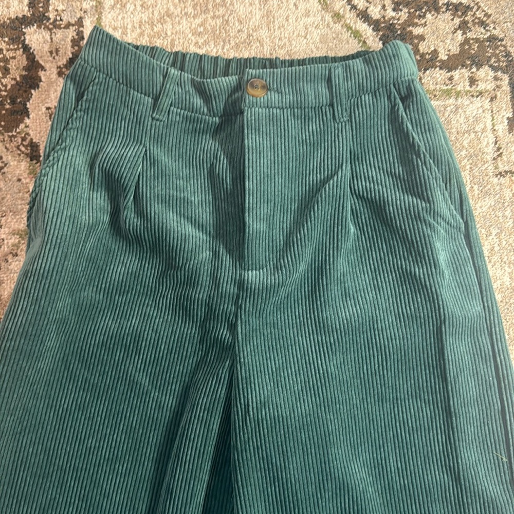 Green boho hippie cords wide leg elastic waist corduroy pants